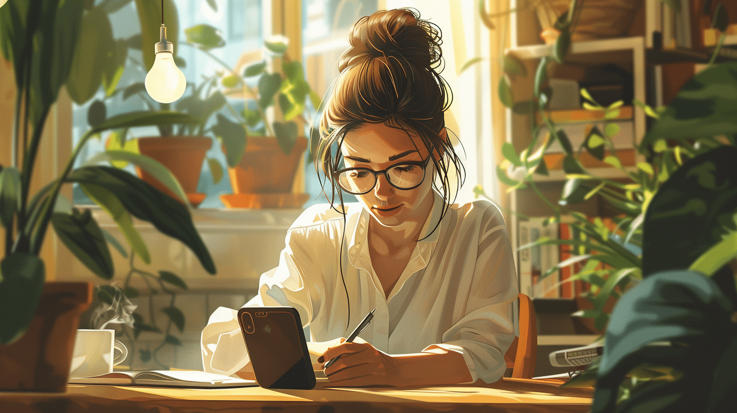 Young woman browsing Spanish articles for vocabulary.