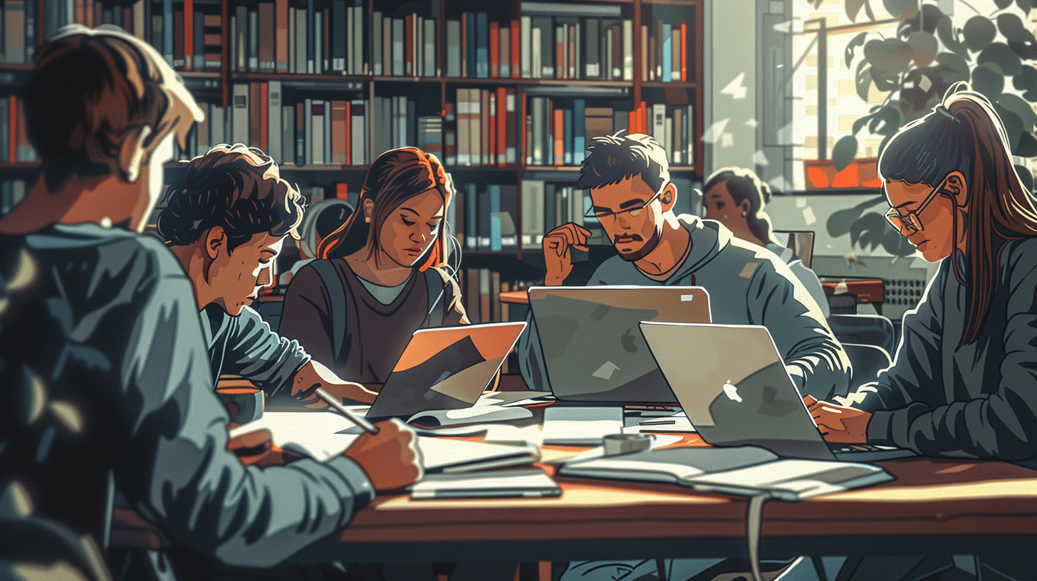 Library's quiet ambiance fostering language learning.