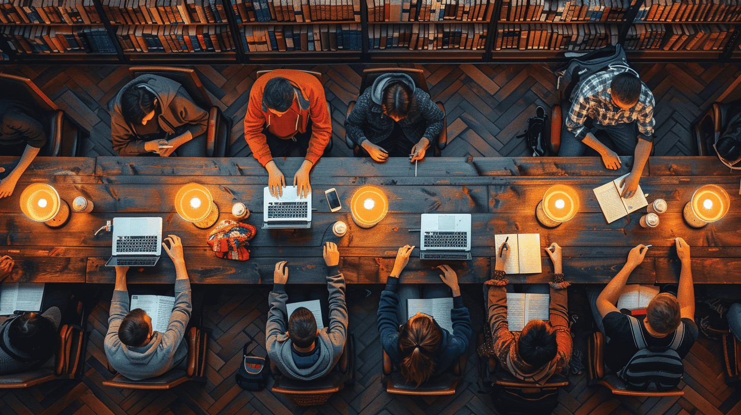 Researchers editing language essays in library booths.